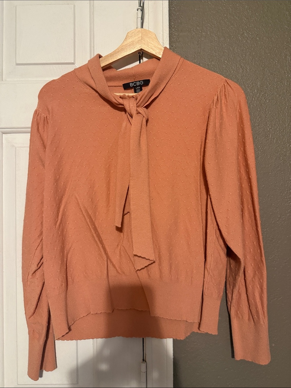 BCBG Peach Tie-Neck Long Sleeve Blouse